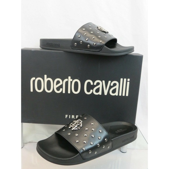 ROBERTO CAVALLI BLACK LEATHER SNAKE MEDALLION LOGO STUDS SANDAL 42.5 / 9.5 ITALY - Picture 4 of 8